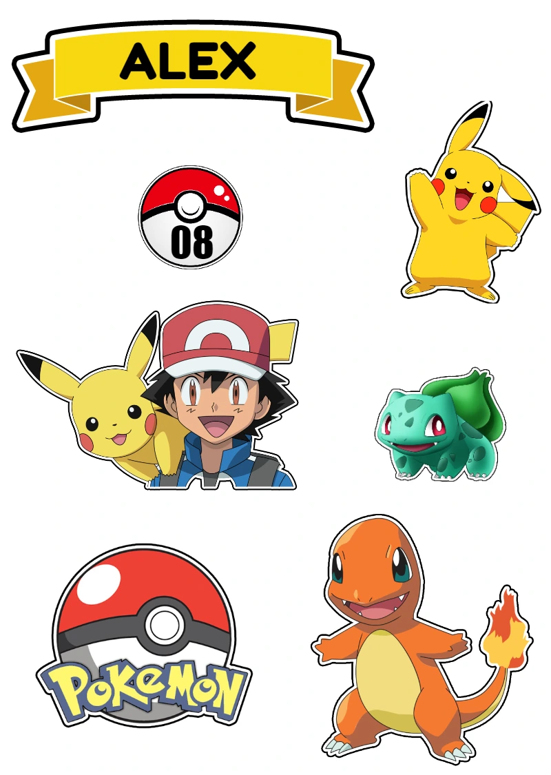 Topo de Bolo Pokémon com Personagens para Editar e Imprimir
