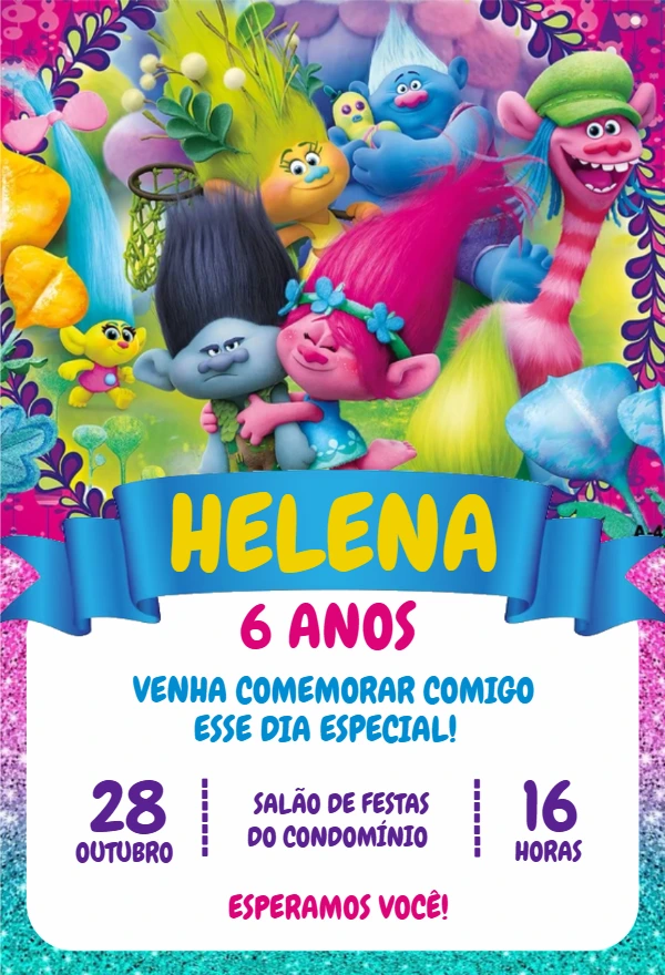 Convite Trolls de Aniversário com Personagens para Editar