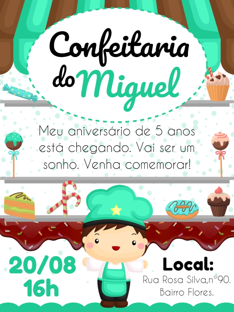 Convite de Aniversário Confeitaria Menino para Editar Online