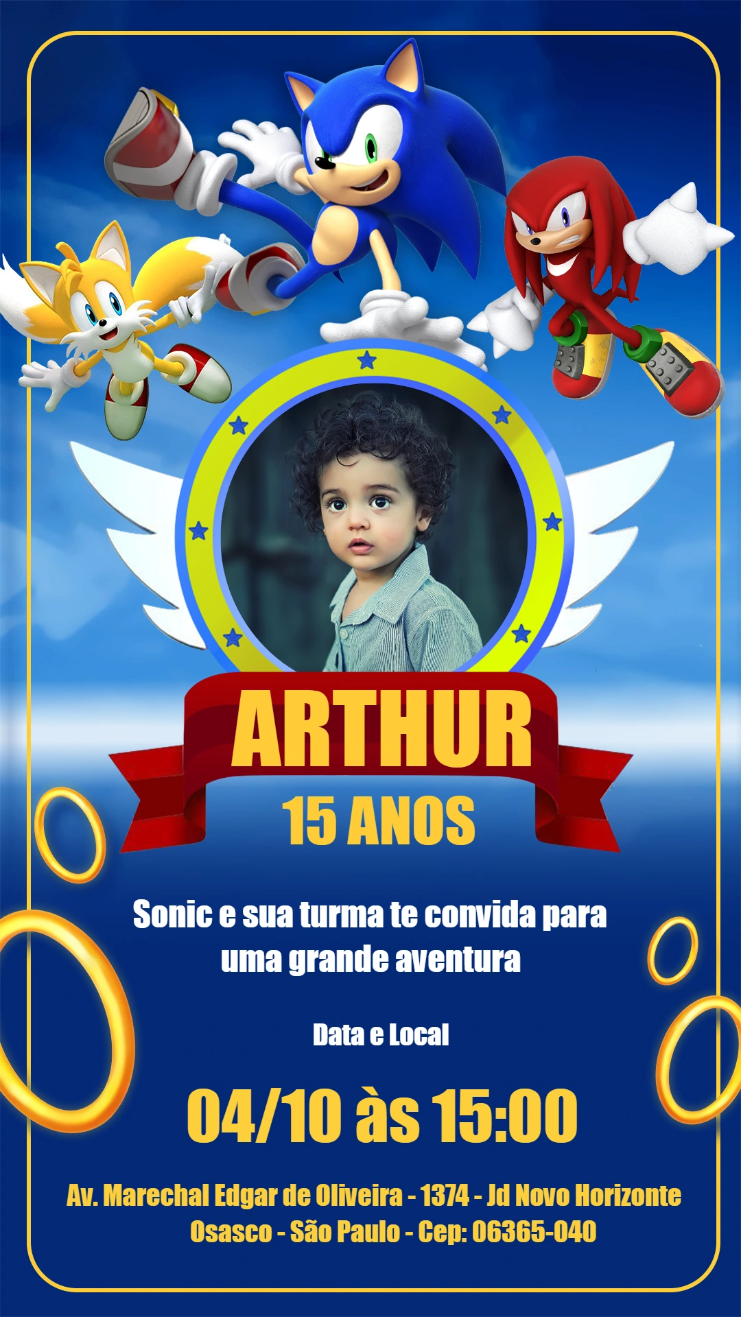 Convite Aniversário Sonic com Foto para Editar Online