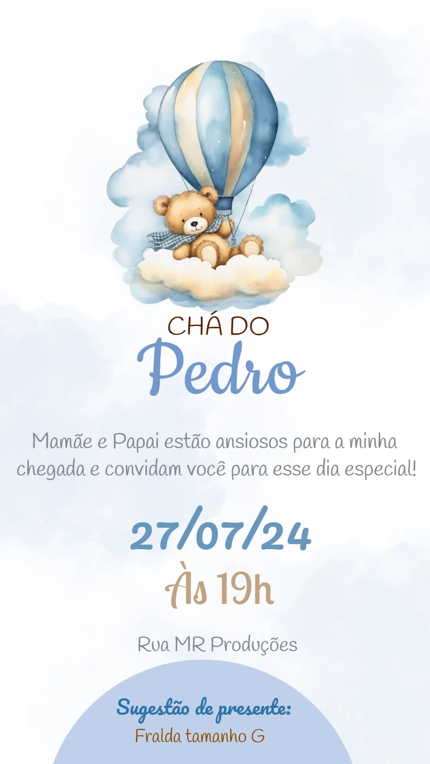 Convite Chá de Fraldas Urso Baloeiro para Editar Online