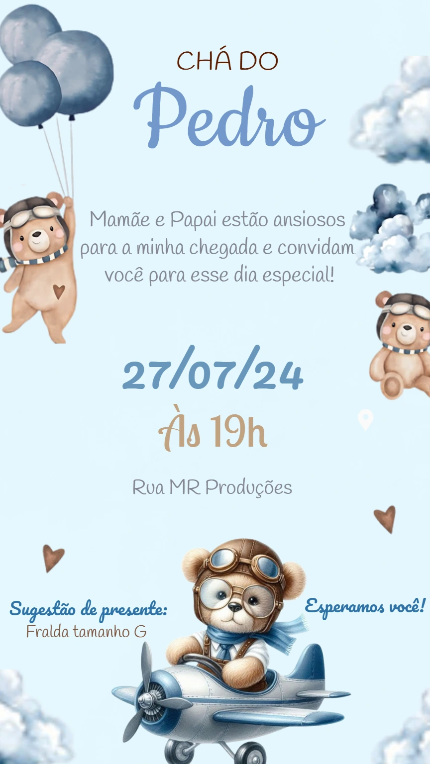 Convite Chá de Fraldas Urso Aviador para Editar Online