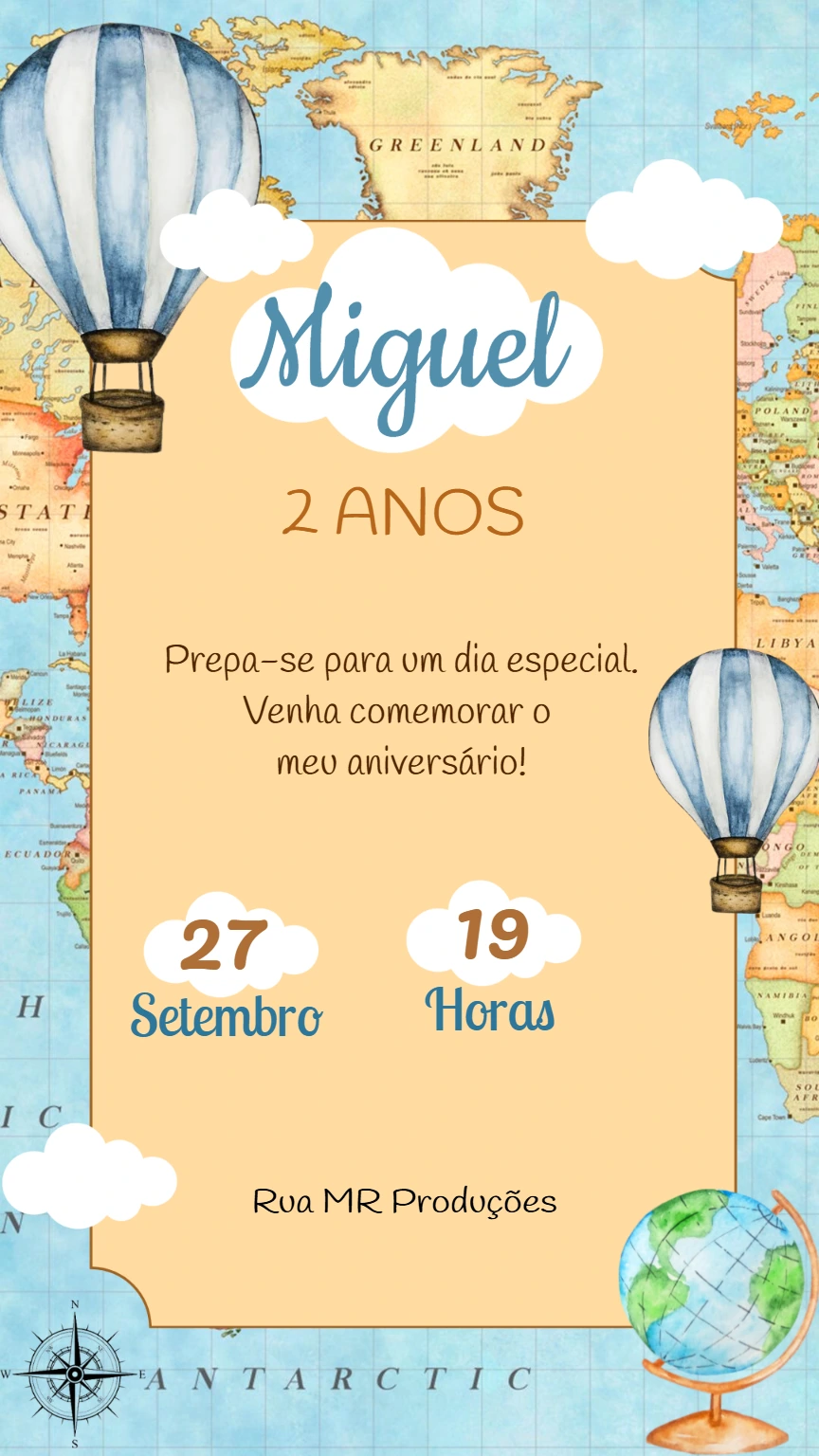 Convite Aniversário Tema Viagem Balão Aquarela para Editar