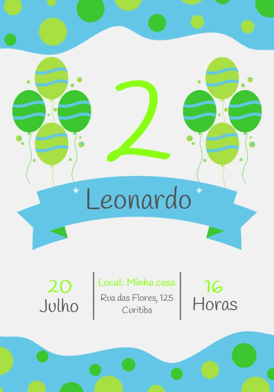 Convite Aniversário Balões Verde e Azul para Editar Online