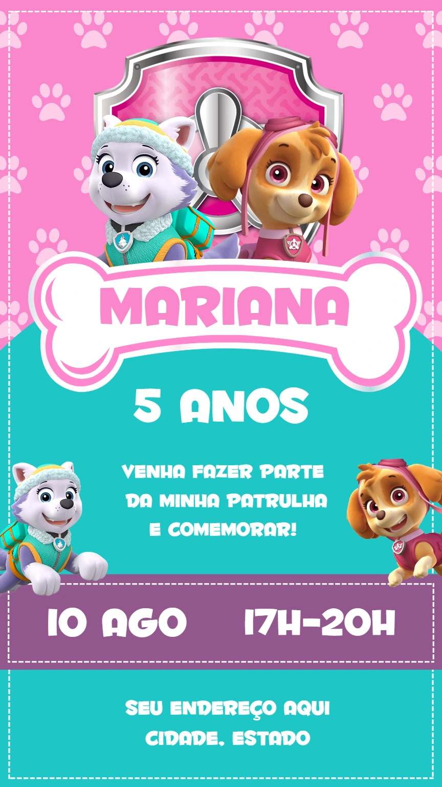 Convite Aniversário Patrulha Canina Skye e Everest para Editar
