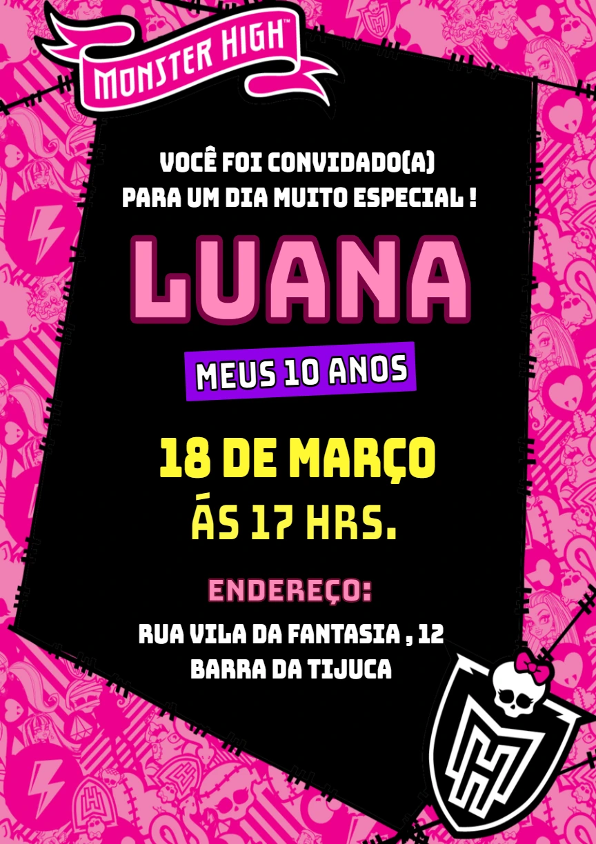Convite Aniversário Monster High para Editar e Imprimir