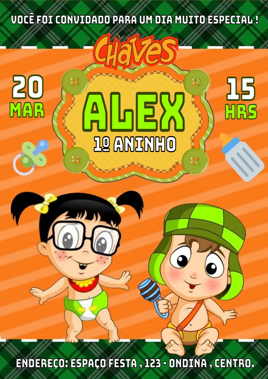 Convite Aniversário Chaves Baby com Chiquinha para Editar Online