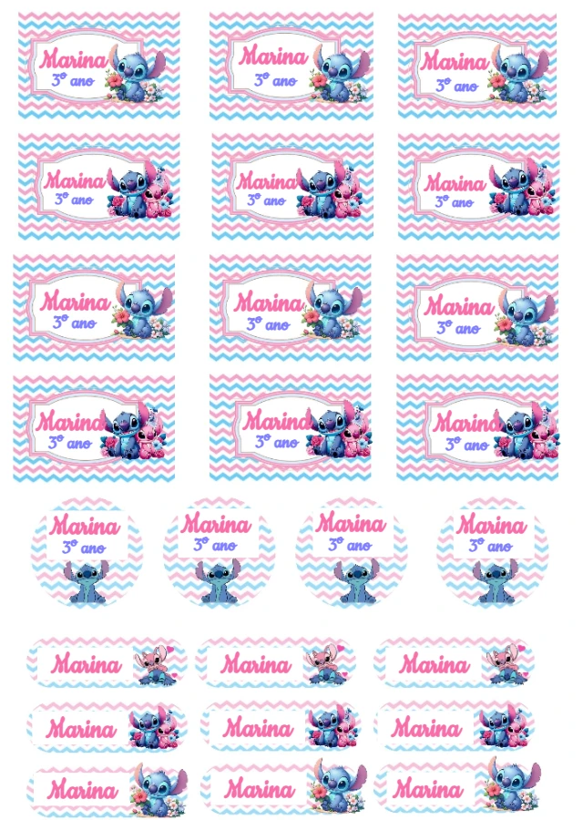 Etiqueta Escolar Stitch e Angel com Personagens para Editar
