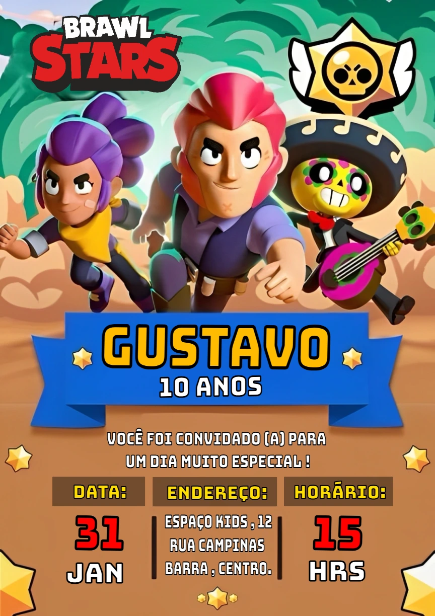 Convite Aniversário Brawl Stars Gamer para Editar e Imprimir
