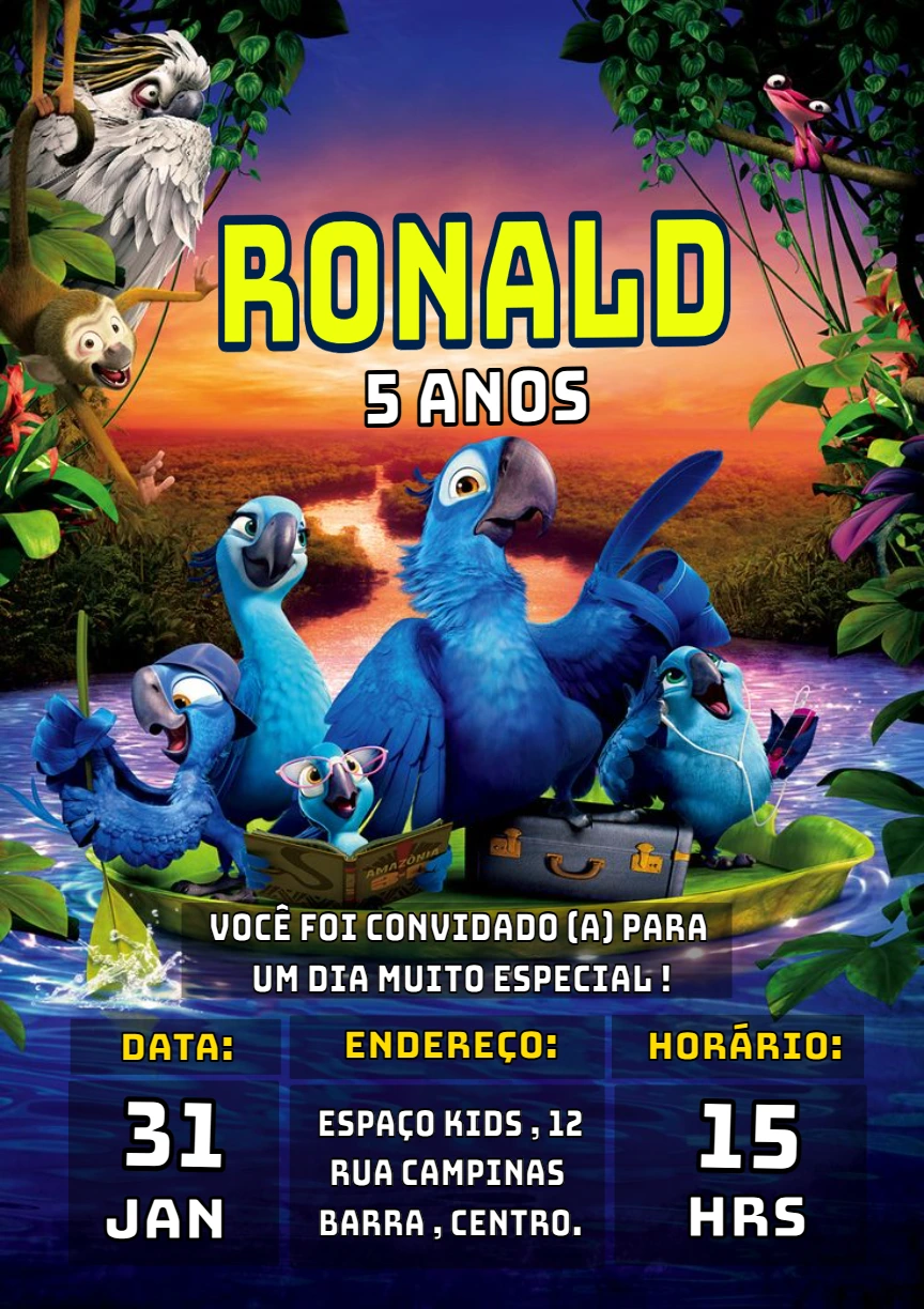 Convite de Aniversário Rio Arara Azul para Editar Online