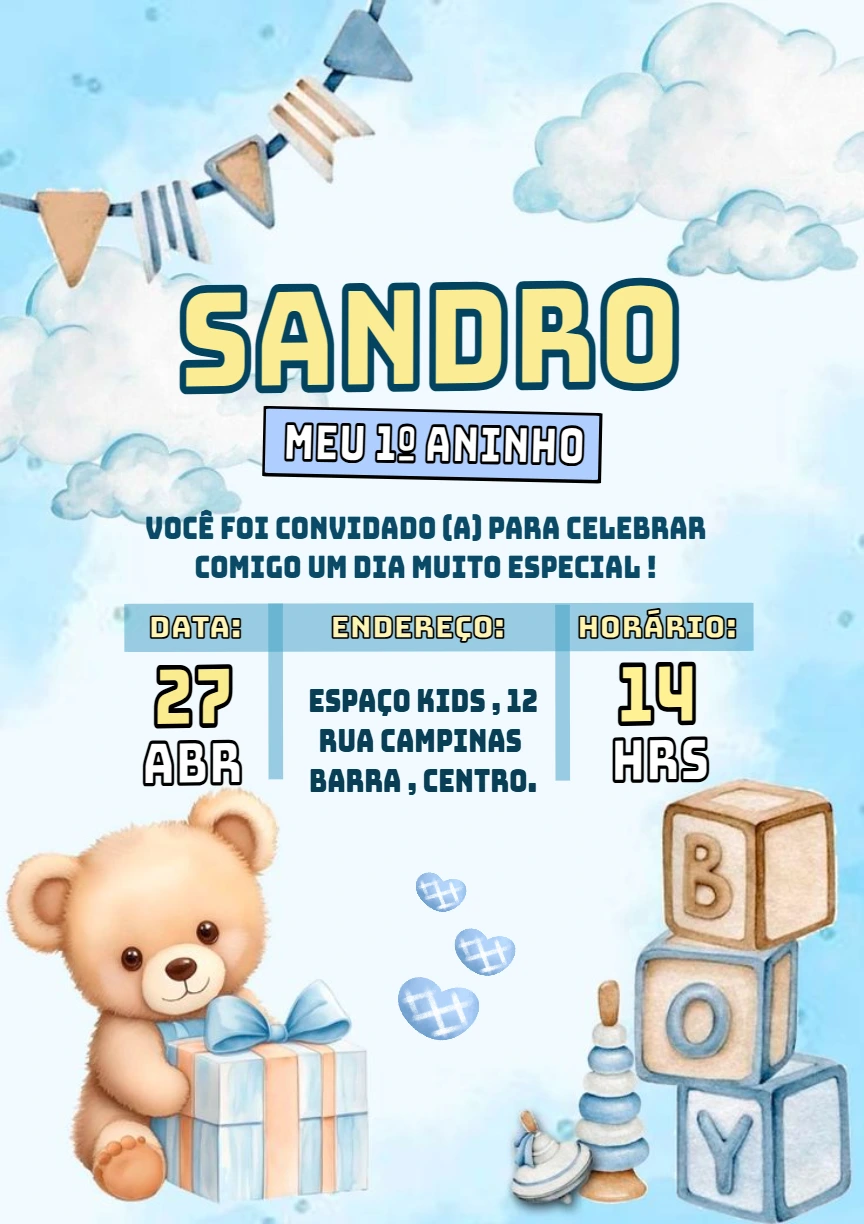 Convite Aniversário Ursinho Aquarela para Editar Online
