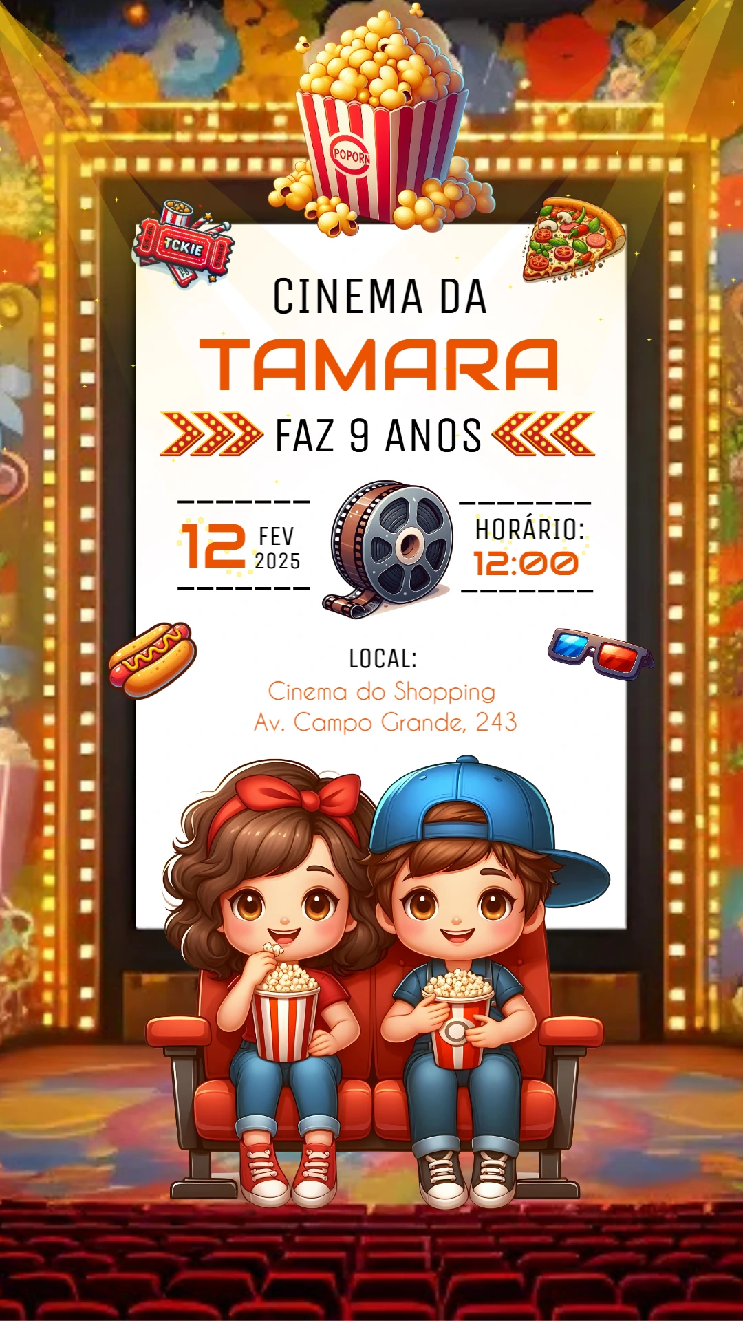 Convite de Aniversário Tema Cinema com Personagens para Editar
