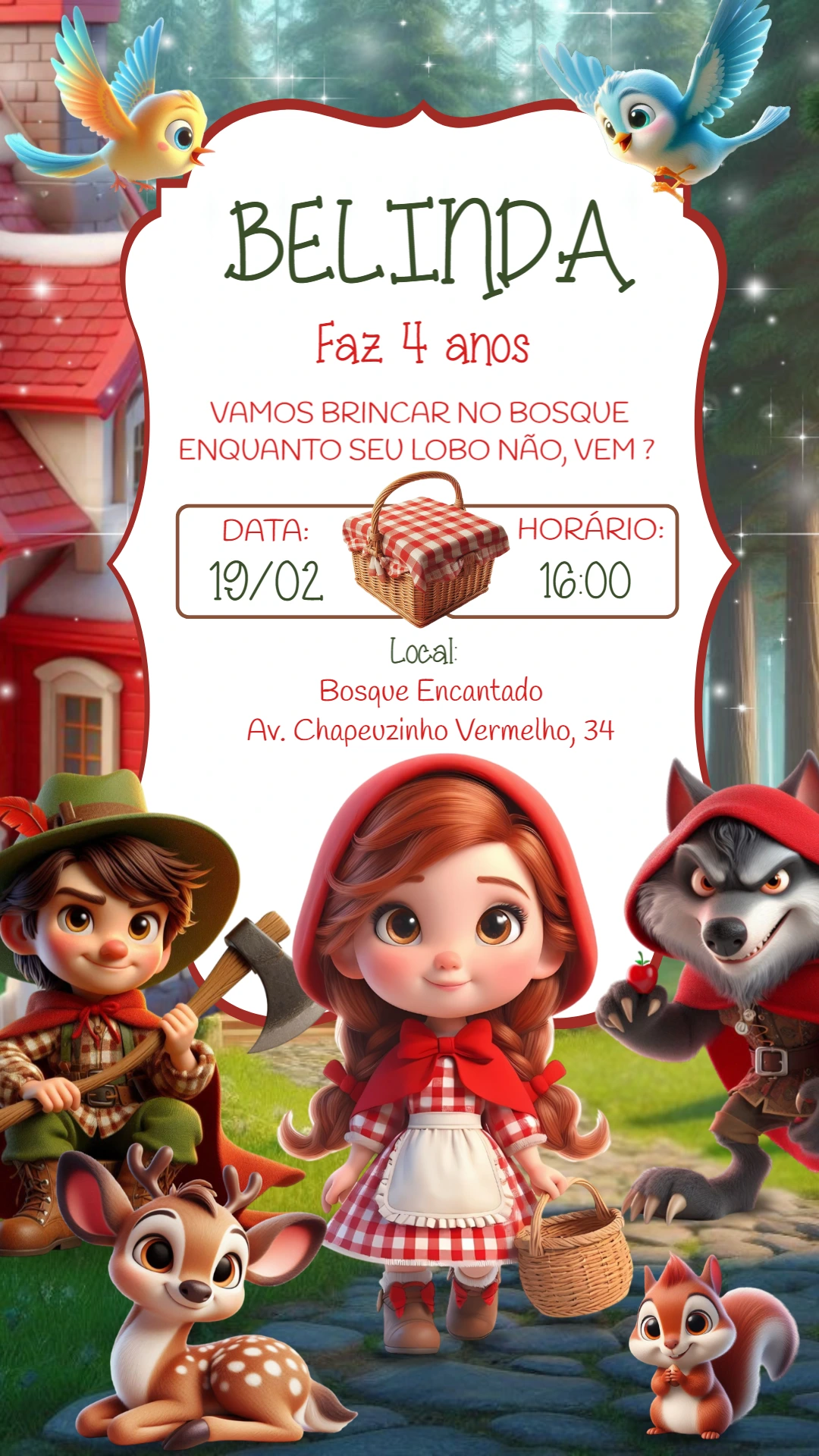 Convite Aniversário Chapéuzinho Vermelho para Editar Online