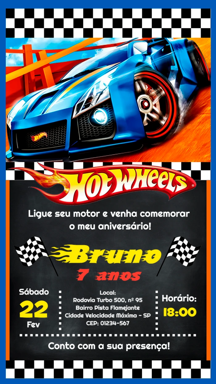Convite de Aniversário HotWheels com Carros para Editar Online