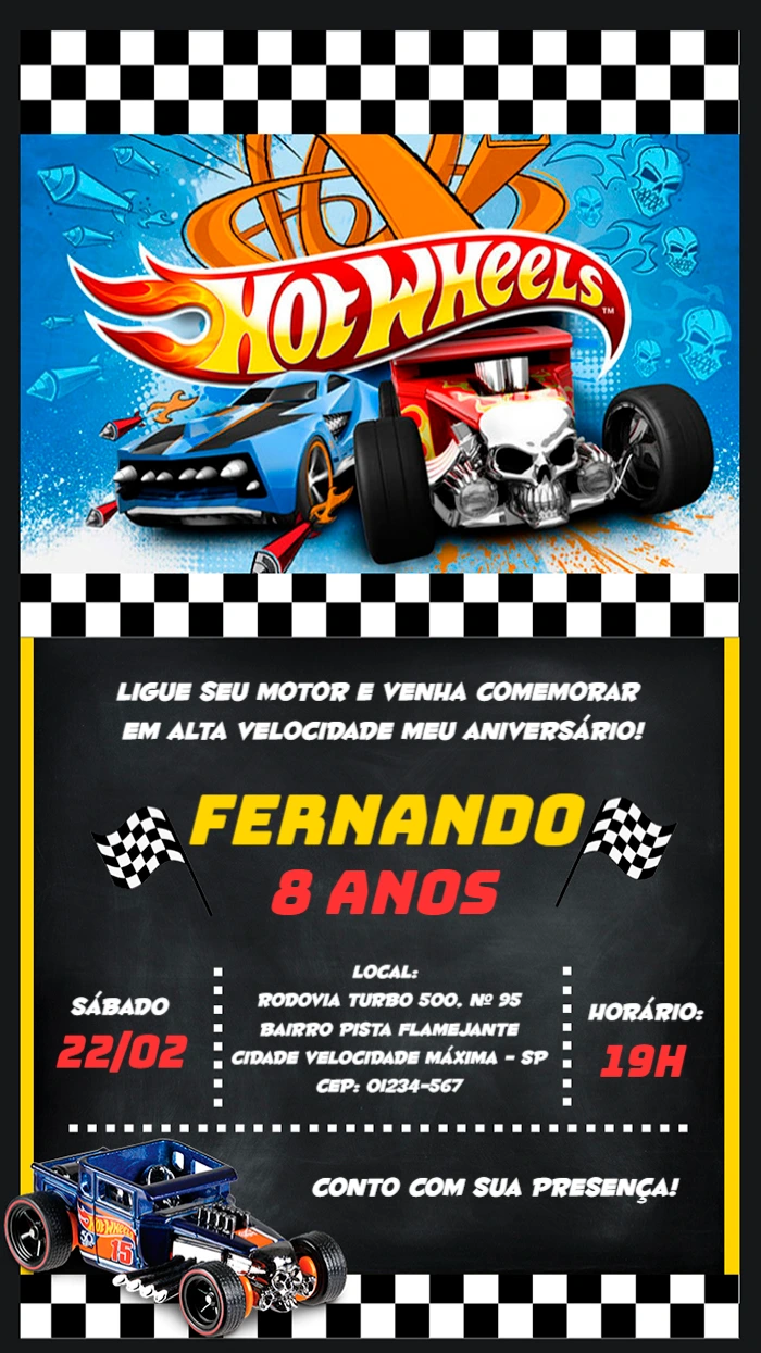 Convite de Aniversário Hot Wheels Editável Online para Imprimir