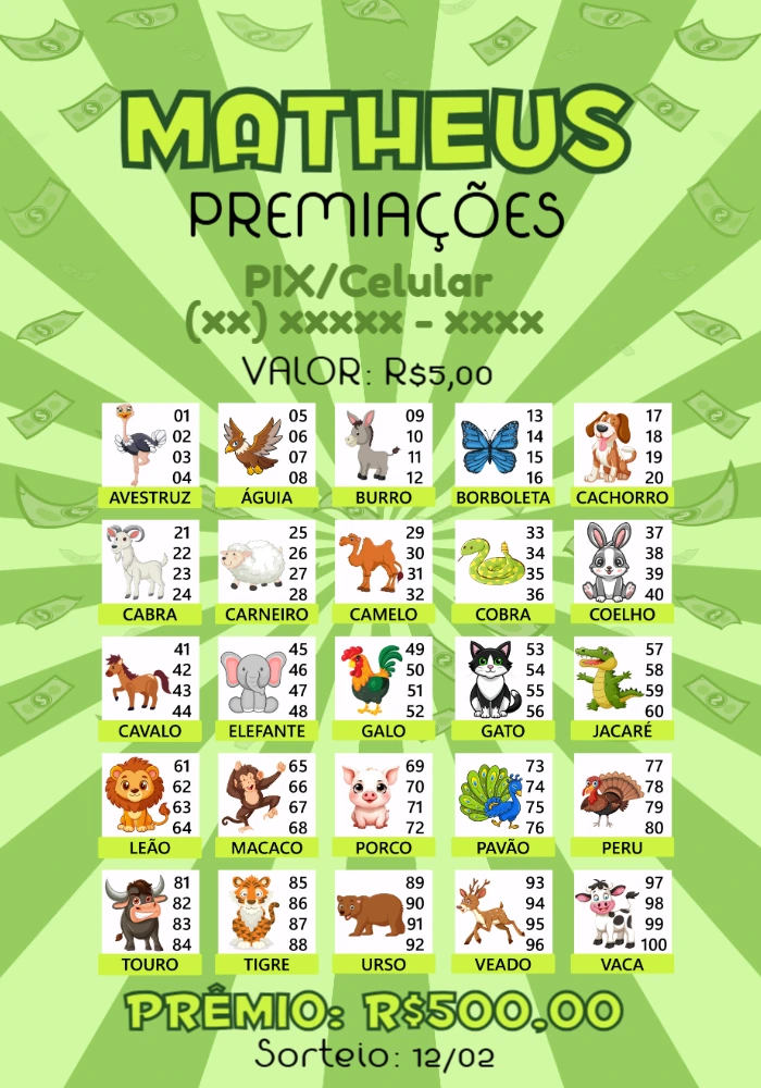 Cartela de Rifa dos Bichos Editável Online para Imprimir