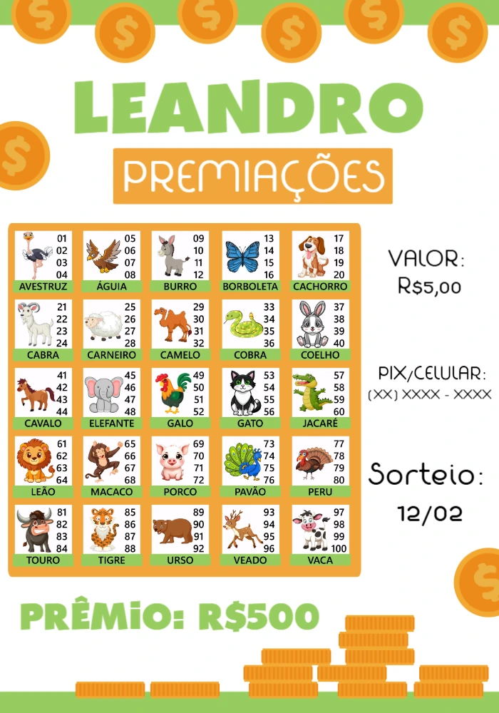 Cartela de Rifa de Bicho com Animais para Editar Online