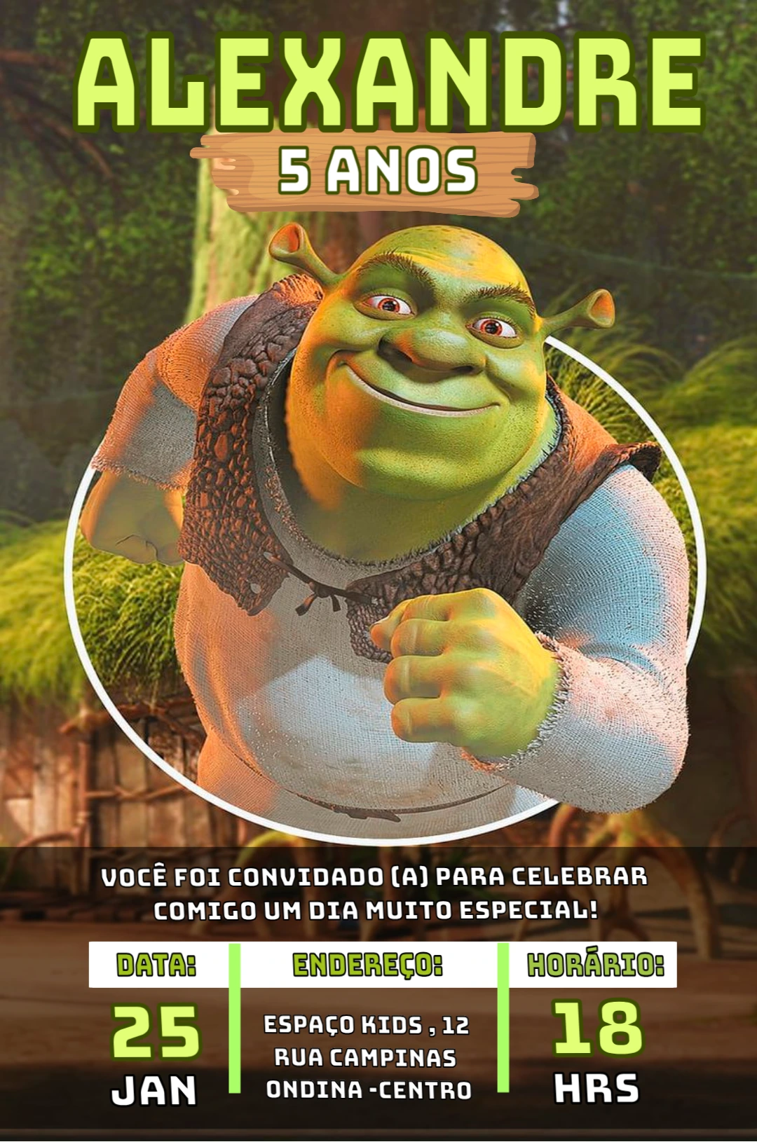 Convite de Aniversário Shrek Editável para Imprimir