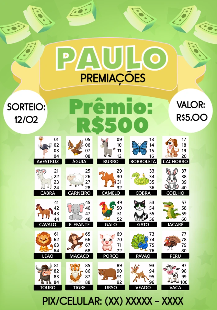 Cartela de Rifa Jogo do Bicho para Editar e Imprimir Online