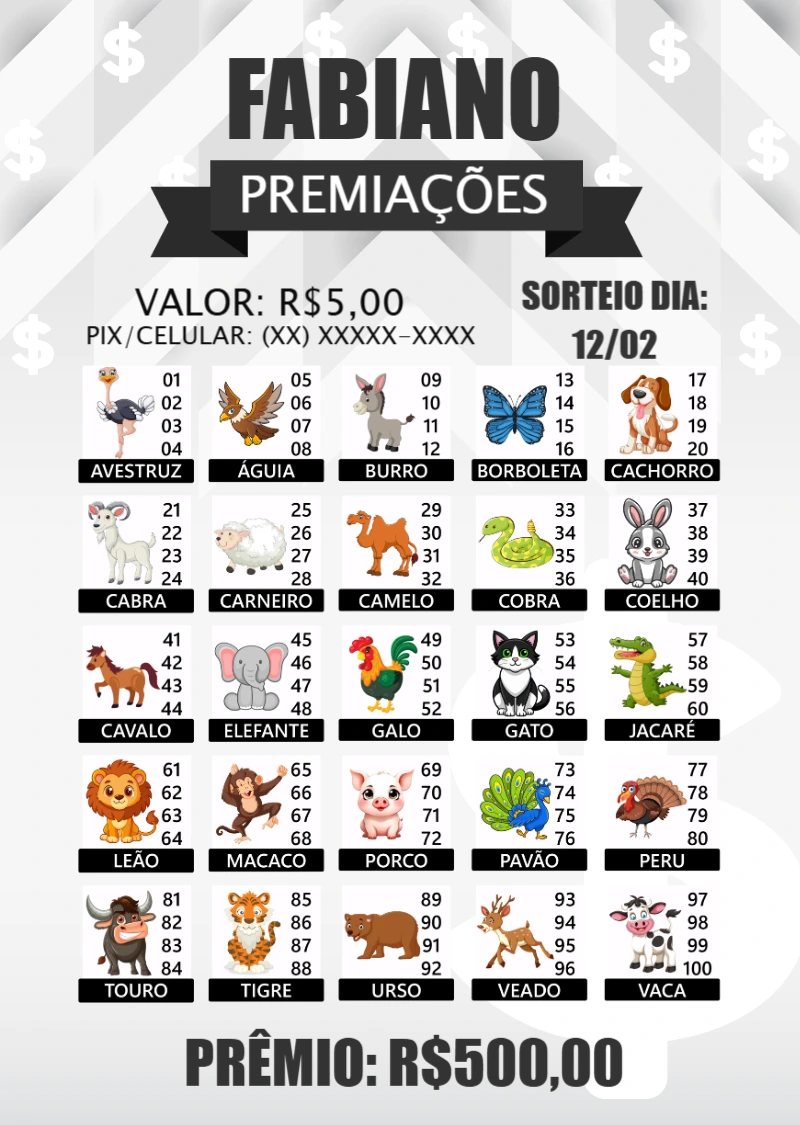 Cartela de Rifa de Bicho com Animais para Editar Online