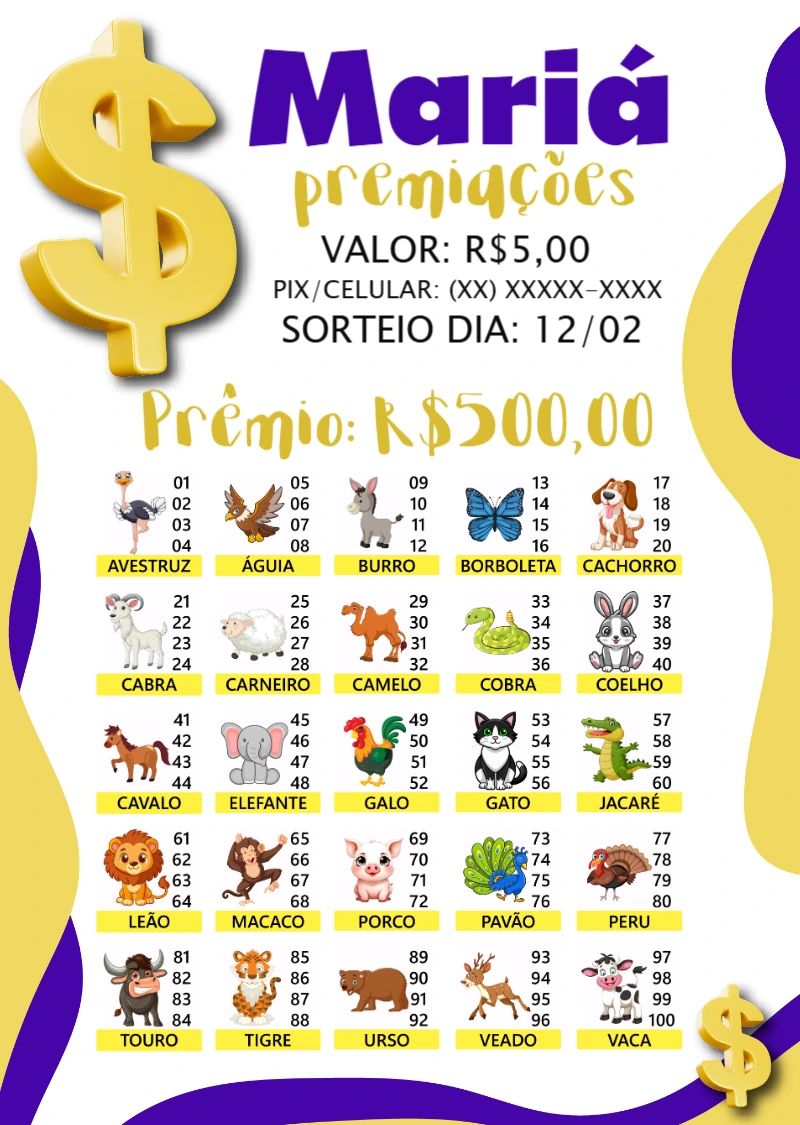 Rifa Jogo do Bicho com Animais para Editar Online