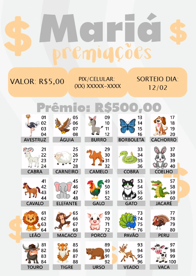 Cartela de Rifa Jogo do Bicho para Editar Online