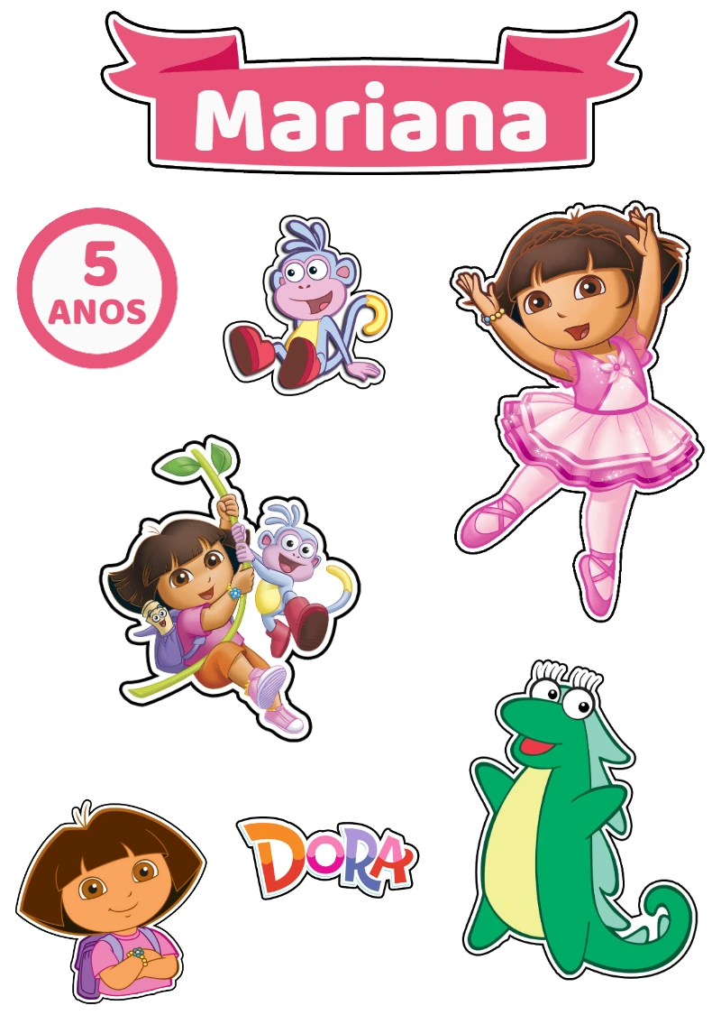 Topo de Bolo Dora Aventureira com Personagens para Editar