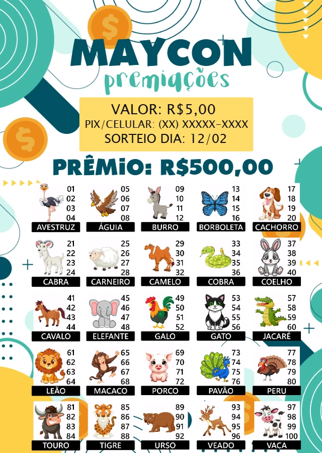 Rifa dos Bichos Editável Online para Imprimir