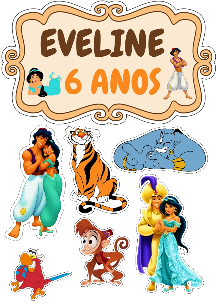 Topo de Bolo Festa Aladdin com Personagens para Editar Online