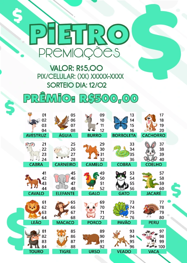 Rifa de Animais com Números para Editar e Imprimir