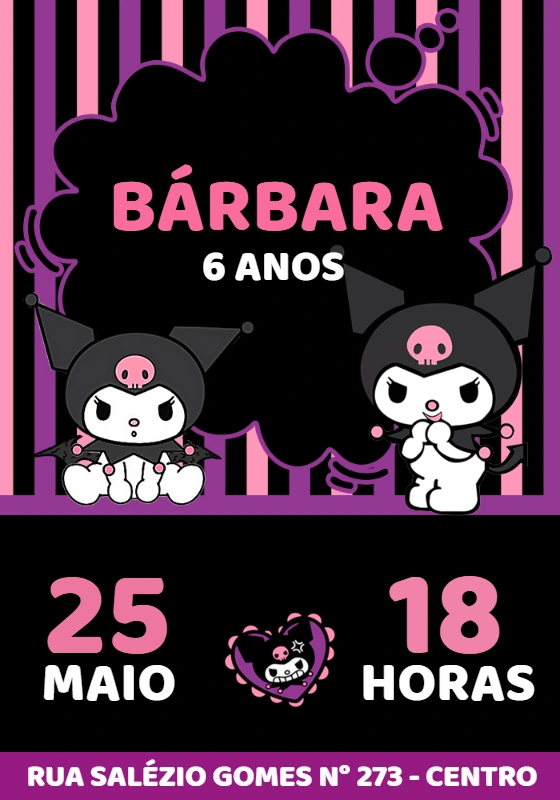 Convite Aniversário Kuromi Editável para Enviar Online