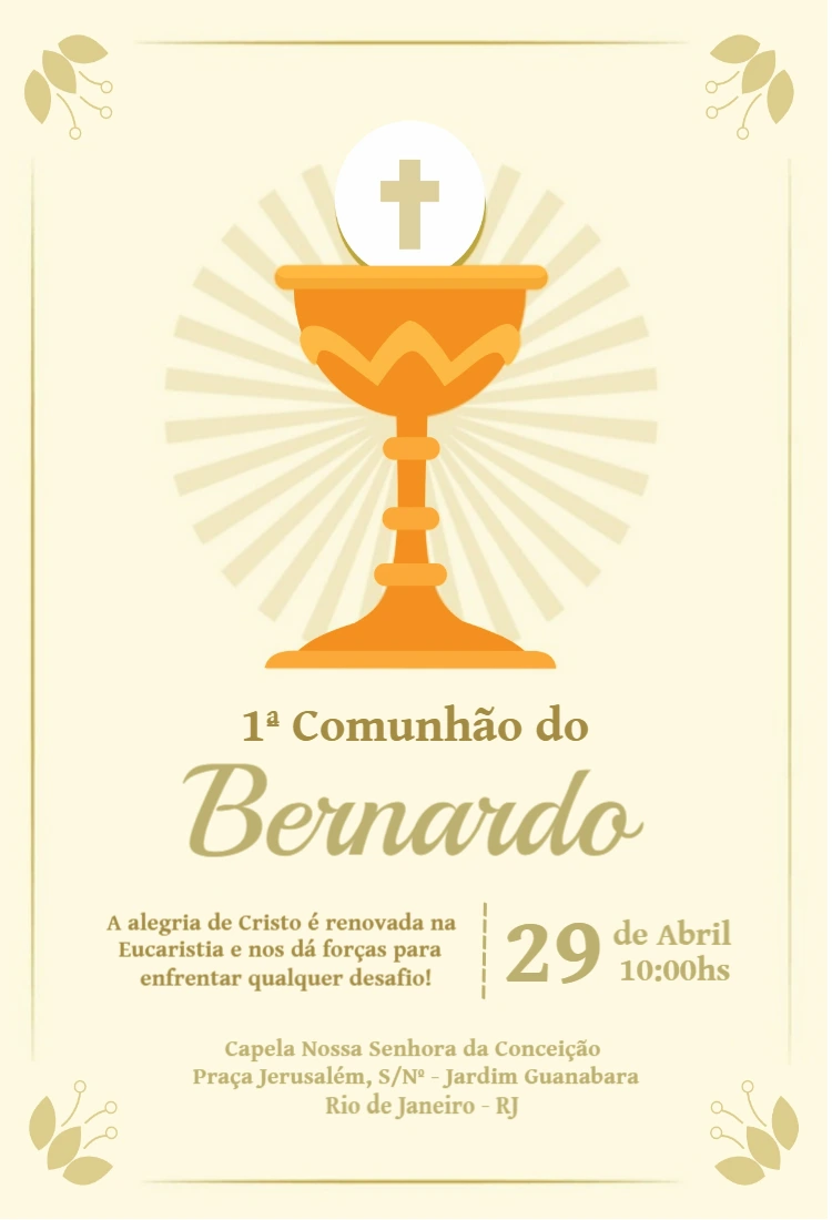 Convite Primeira Comunhão com Cálice Dourado para Editar Online