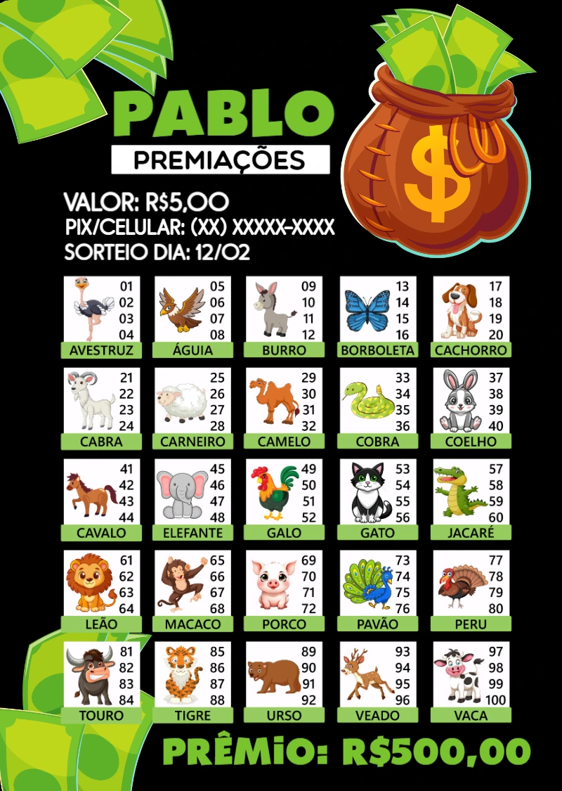 Rifa de Bicho com Animais e Números para Editar Online