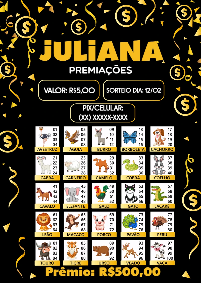 Rifa Jogo do Bicho com Animais Editável para Imprimir