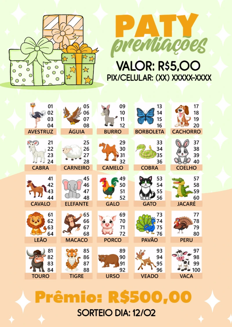 Cartela de Rifa dos Bichos com 100 Nomes para Editar Online