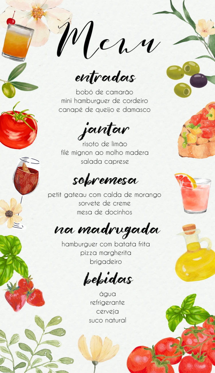 Menu de Casamento Italiano Aquarela para Editar Online
