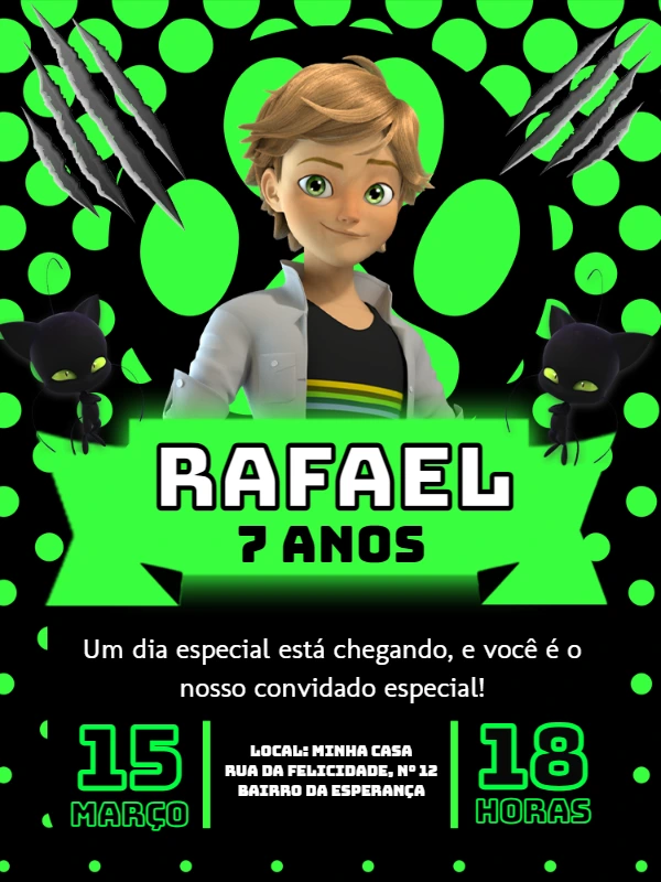 Convite de Aniversário Cat Noir Miraculous para Editar