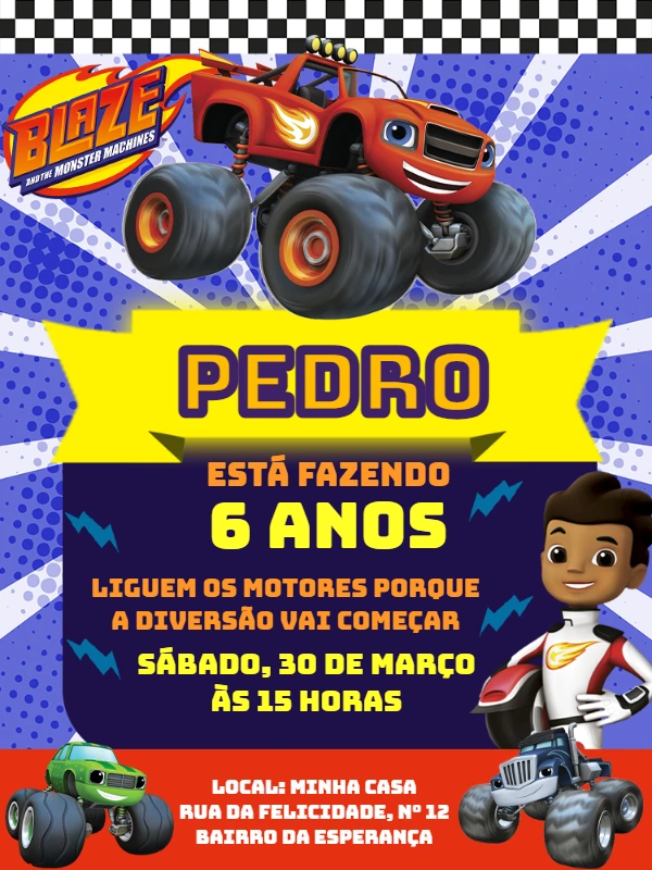 Convite Aniversário Blaze e as Monster Machines para Editar