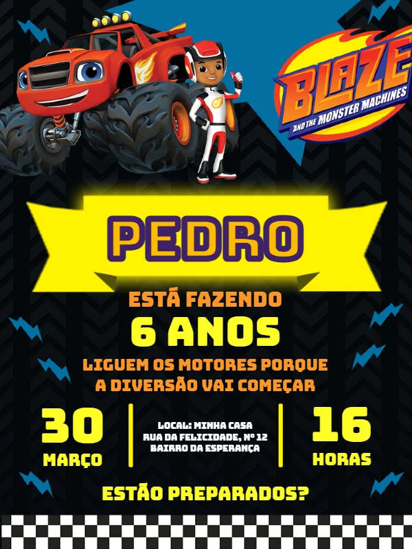 Convite de Aniversário Blaze e as Monster Machines para Editar