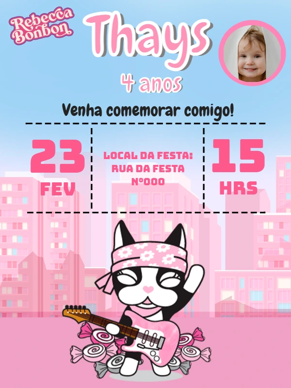 Convite Aniversário Rebecca Bonbon com Foto para Editar Online