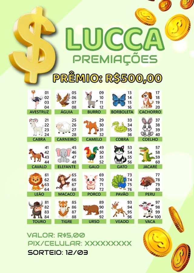 Cartela de Rifa Jogo do Bicho com Animais para Editar Online