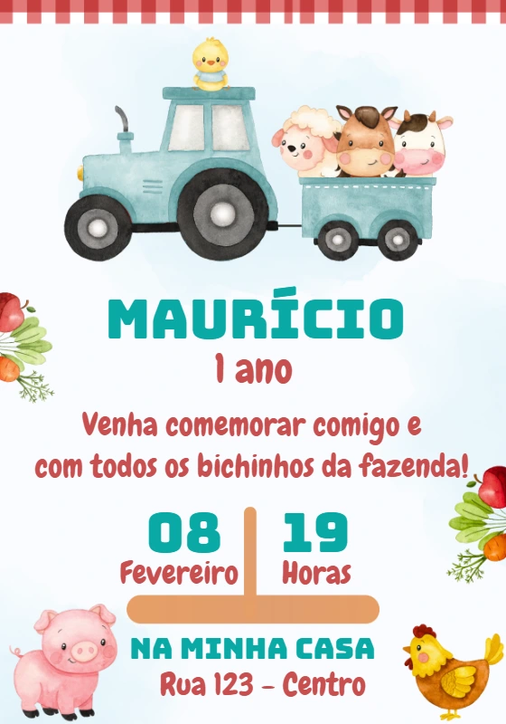 Convite de Aniversário Fazendinha com Trator para Editar Online