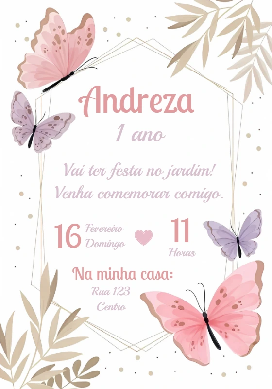 Convite Aniversário Borboletas Delicadas para Editar Online