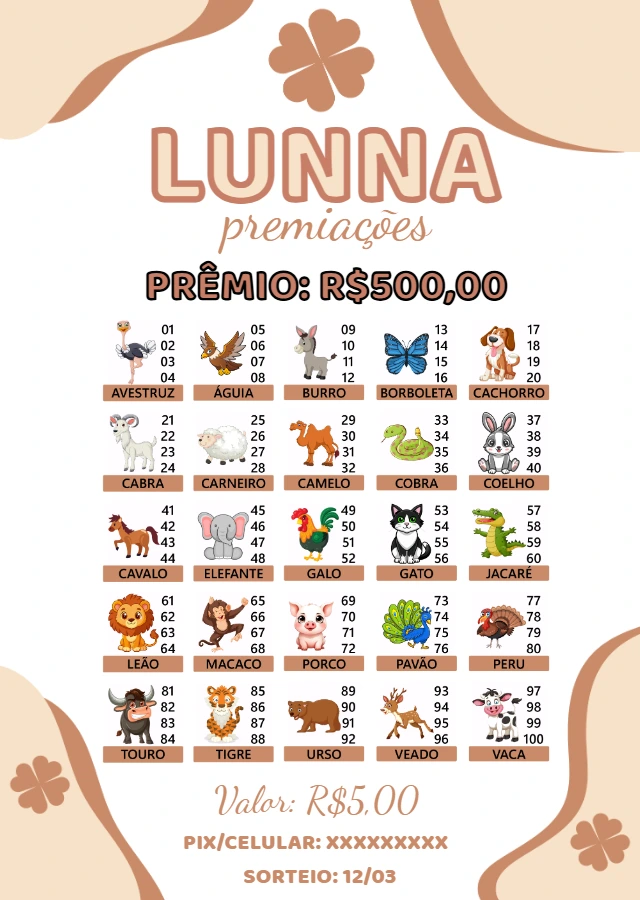 Cartela de Rifa de Animais Editável Online para Sorteio