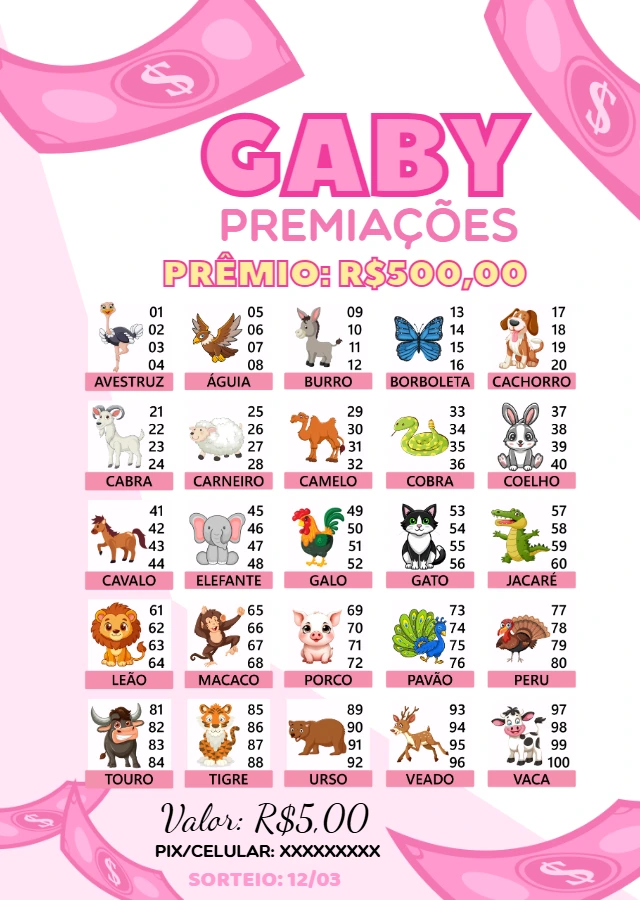 Cartela de Rifa de Animais com 100 Nomes para Editar Online