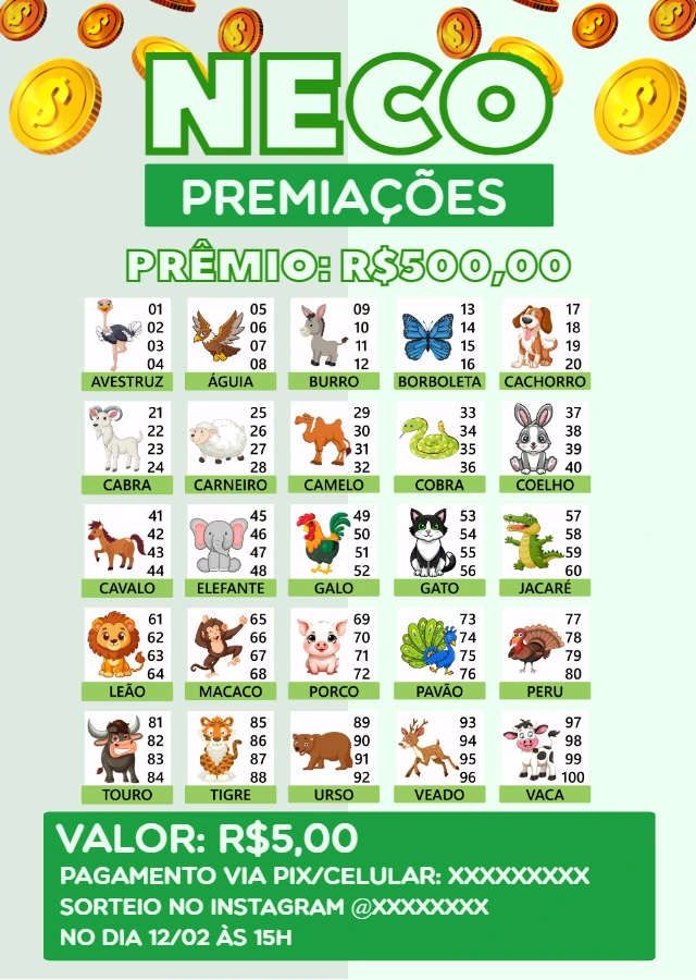 Modelo de Rifa de Bicho com Animais para Editar Online