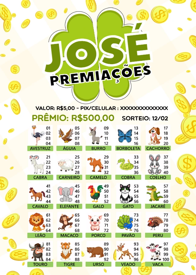 Rifa Sorteio de Bichos com 100 Números para Editar Online