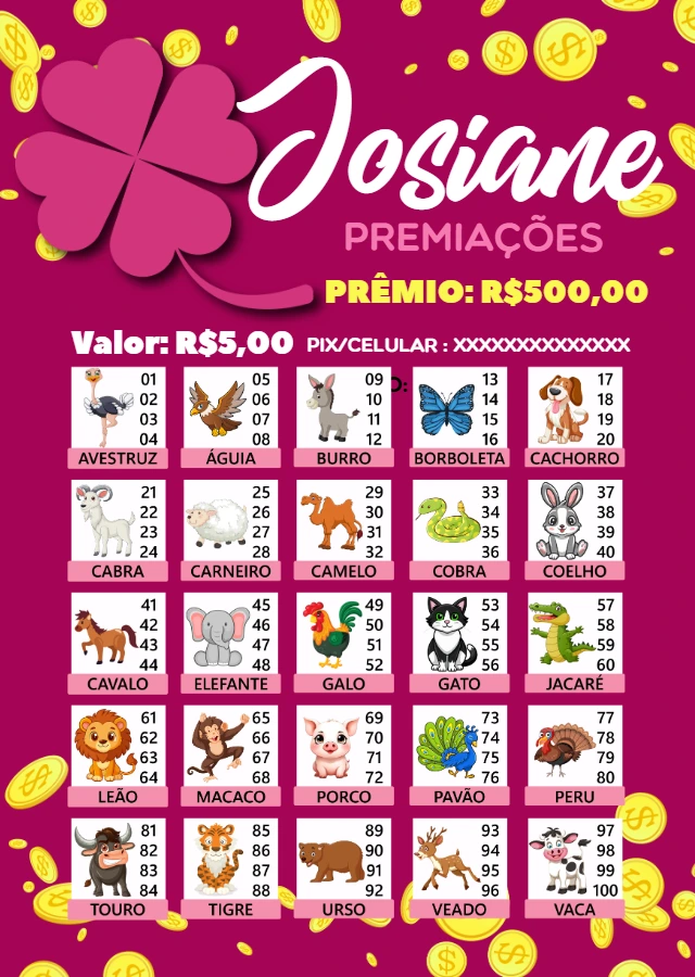 Cartela de Rifa Jogo do Bicho para Editar Online e Imprimir