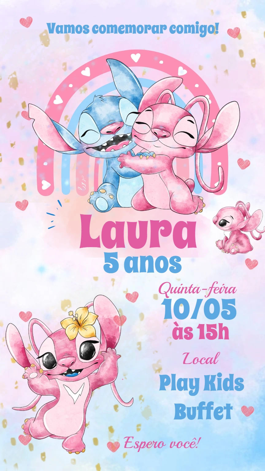 Convite Aniversário Stitch e Angel para Editar Online
