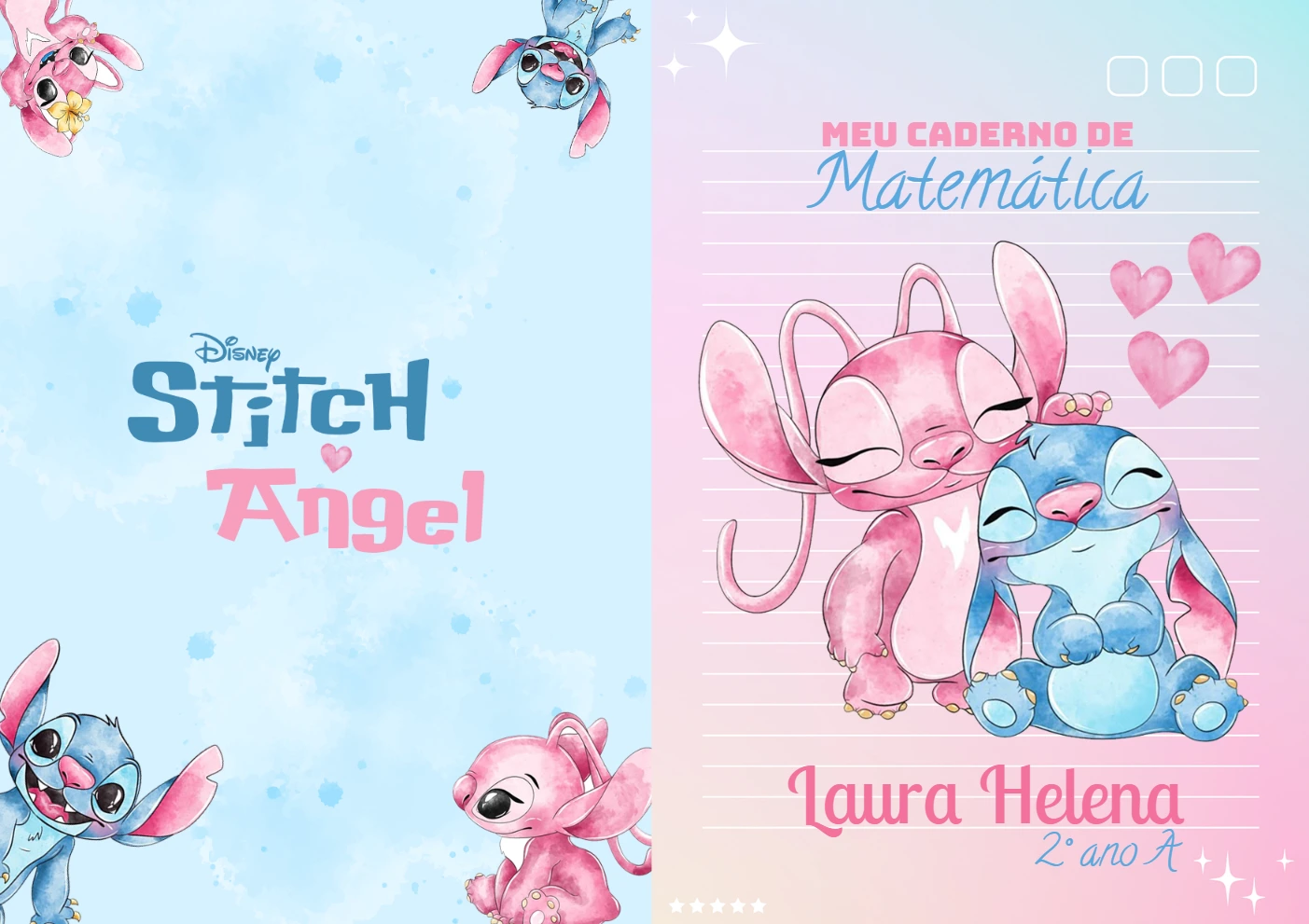 Capa de Caderno Stitch e Angel Editável para Imprimir